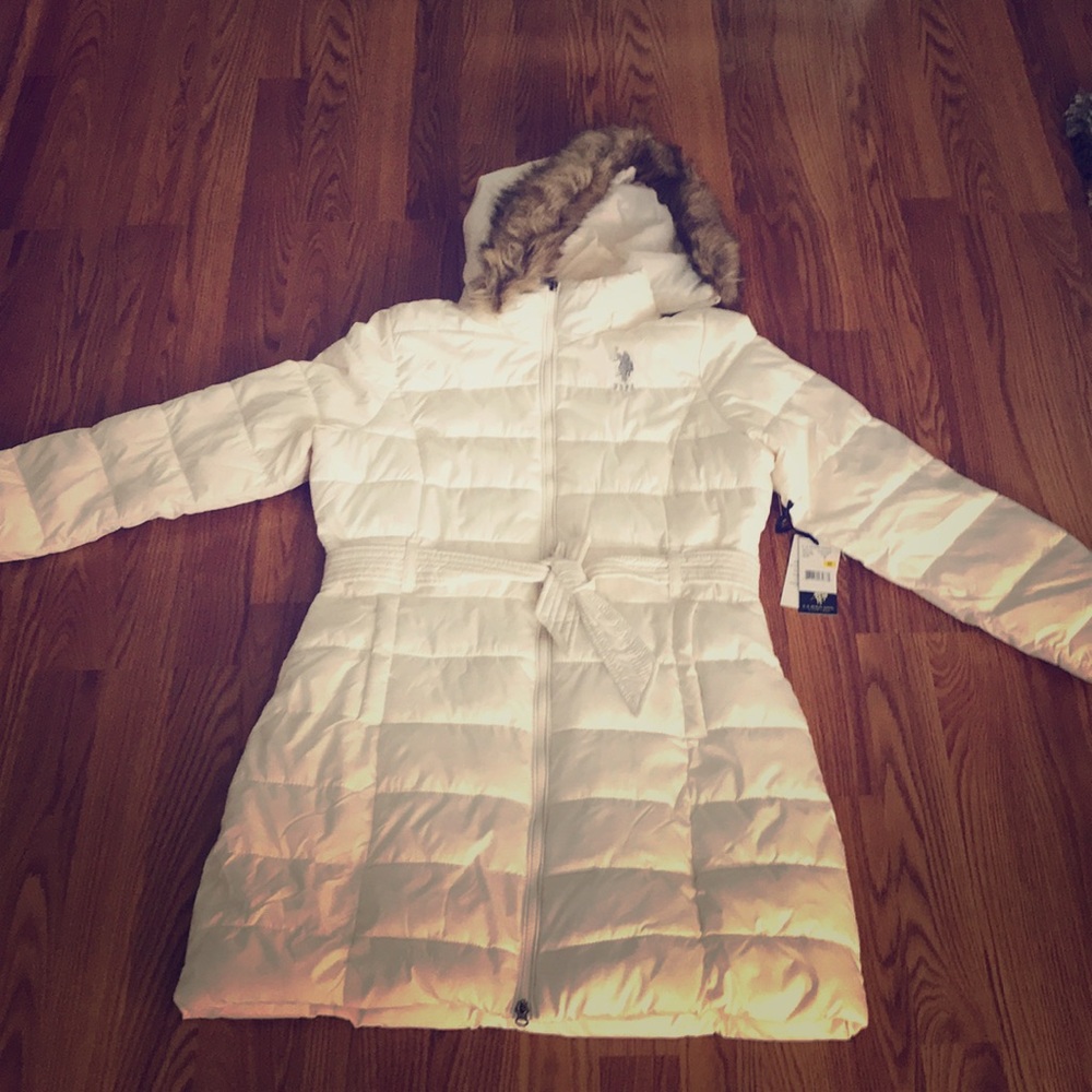 US Polo Assn White Puffer Coat Faux Fur